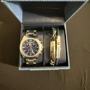 True Religion Silver Tone Watch with Navy Dial and Matching Navy Bracelet Set